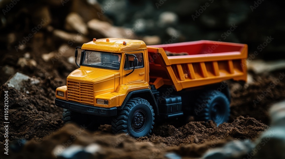 Detailed Closeup of a Yellow Toy Dump Truck in Dirt, Construction Theme Photography Detailed Closeup of a Yellow Toy Dump Truck in Dirt, Construction Theme Photography