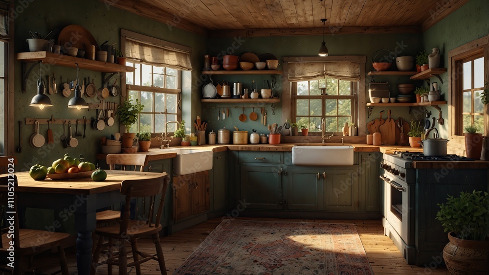 Rustic farmhouse kitchen with open shelving Rustic farmhouse kitchen with open shelving