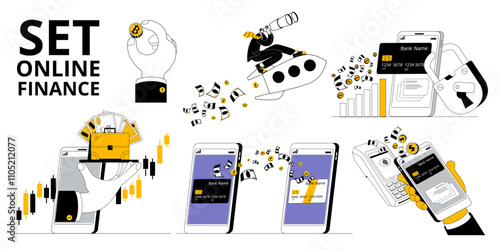Set of vector illustrations on the topic of online finance. Mobile application for transferring money from card to card. Vector illustration on the topic of online bank transfers.