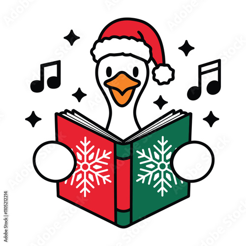 Singing Goose with Christmas Hat and Songbook Illustration