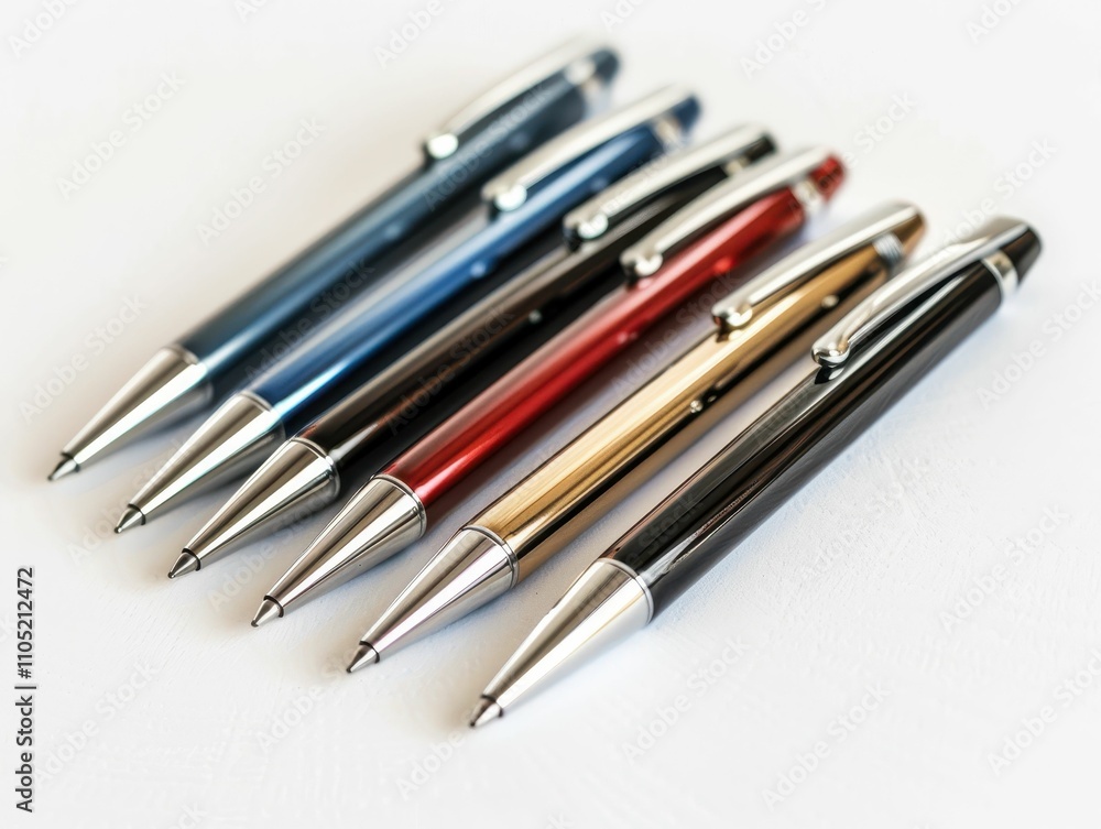 A collection of stylish pens arranged in a row, showcasing various colors and designs, perfect for writing and office use. A collection of stylish pens arranged in a row, showcasing various colors and designs, perfect for writing and office use.