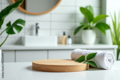 Minimalist Bathroom with Tropical Leaf Decor background for mockup product display.
