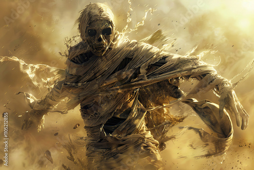 Scary mummy wandering in street with dramatic lighting on Halloween