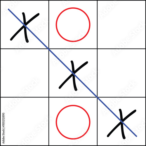 A Vector illustrator icon classic game of tic-tac-toe with a blue diagonal line crossing through the winning X's.