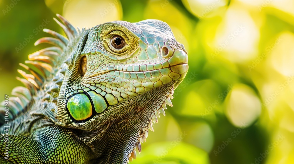 Fototapeta premium Iguanas are herbivorous reptiles known for their long tails, sharp claws, and spiky crests. Found in tropical regions, they are skilled climbers and can regrow their tails if lost.