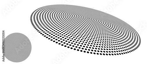 Abstract halftone dotted circles advertising background. Optical illusion effect. Black creative halftone circle polka dots vector in perspective view.