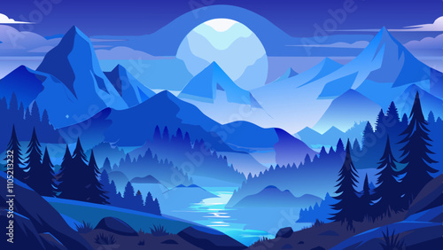 Misty view of the blue mountain range with full moon - Beautiful landscape with cascade blue mountains at the morning "Elements of this image furnished by