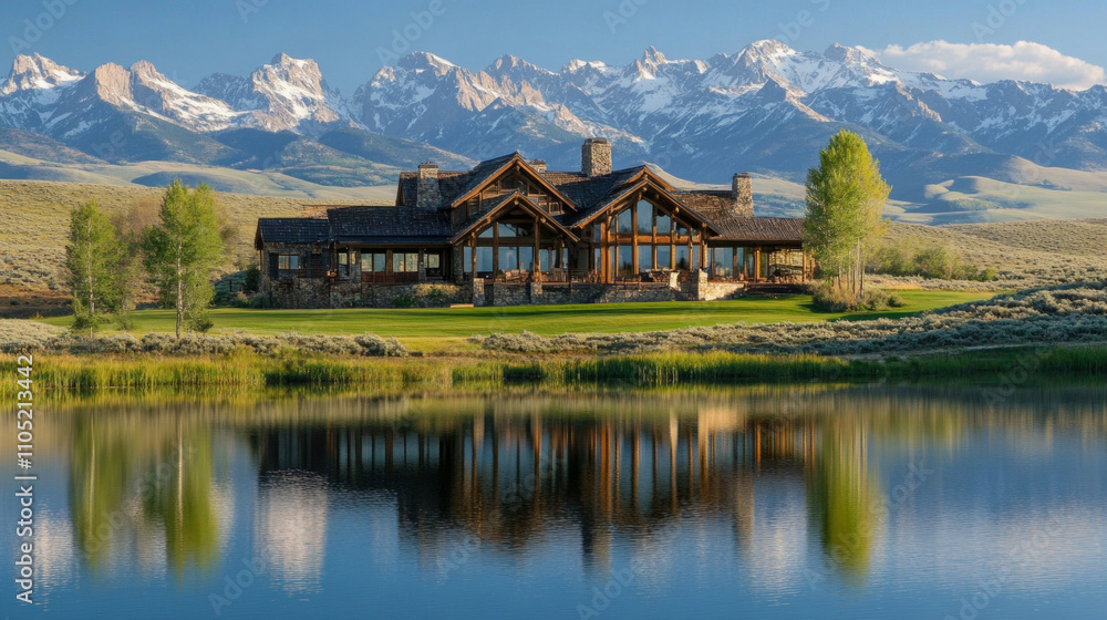 Elegant ranch property on a tranquil Wyoming lake with mountains AI generative Elegant ranch property on a tranquil Wyoming lake with mountains AI generative