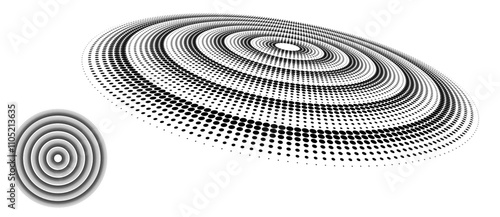 Abstract halftone dotted circles advertising background. Optical illusion effect. Black creative halftone circle polka dots vector in perspective view.