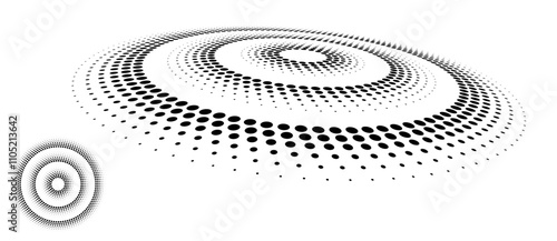 Abstract halftone dotted circles advertising background. Optical illusion effect. Black creative halftone circle polka dots vector in perspective view.