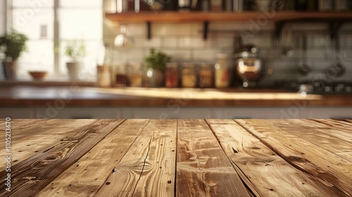 Wooden tabletop on blurred kitchen counter background for product display or visual design layout.