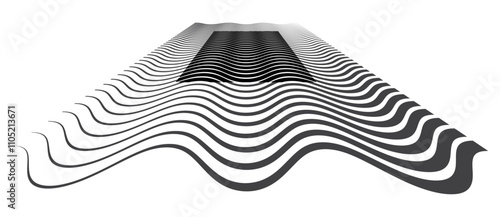 Abstract background with waves lines. Illusion of dynamic transition. Black lines on a white background. Creative poster with perspective view.
