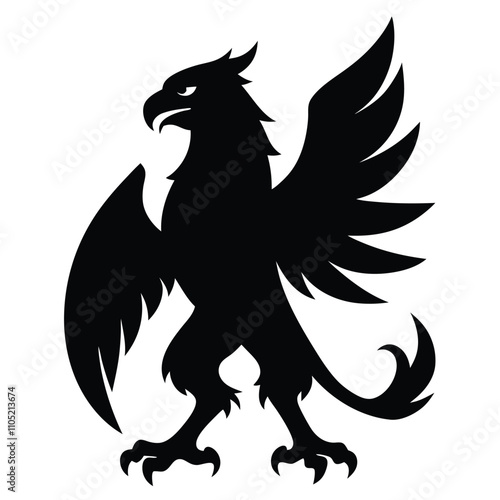 Heraldic eagle in defensive pose silhouette vector art on white background 