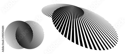 Transition in two circles with parallel lines. Perspective and normal view. Abstract art geometric background for logo, icon, tattoo. Black shape on a white background.