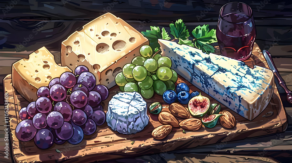 Cheese Board Illustration: Grapes, Figs, and Wine Cheese Board Illustration: Grapes, Figs, and Wine