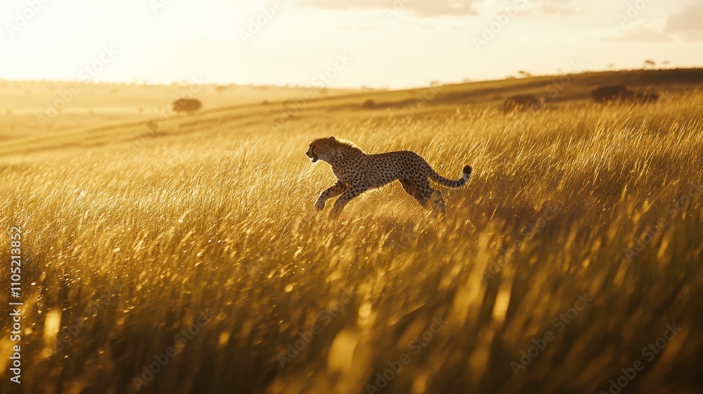 Graceful Cheetah in Golden Prairie Grassland Graceful Cheetah in Golden Prairie Grassland