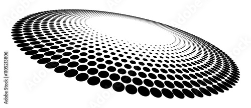 Abstract halftone dotted circles advertising background. Optical illusion effect. Black creative halftone circle polka dots vector in perspective view.