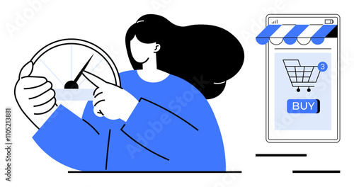 Woman in blue sleeve pointing to a speedometer with another hand on it. To the right is a smartphone screen with an online store cart and a buy button. Ideal for ecommerce, online shopping, speed