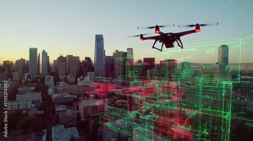 AI-guided drone mapping a cityscape, robotic precision with real-time AI-guided drone mapping a cityscape, robotic precision with real-time