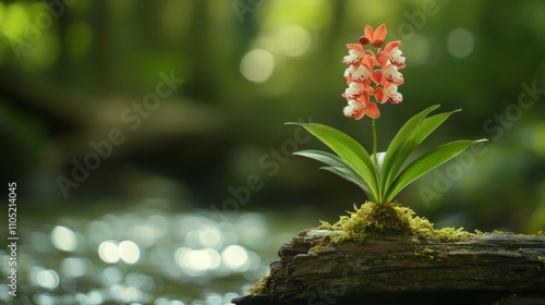 Beautiful isolated Dendrobium spectabile blooming by river with green leaves AI generative photo