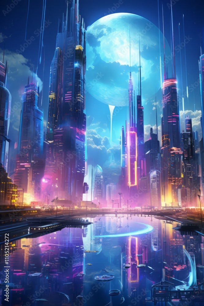 Obraz premium A futuristic cityscape illuminated by vibrant neon colors, with advanced skyscrapers, flying cars, and holographic advertisements, blending technology with bright, vivid hues