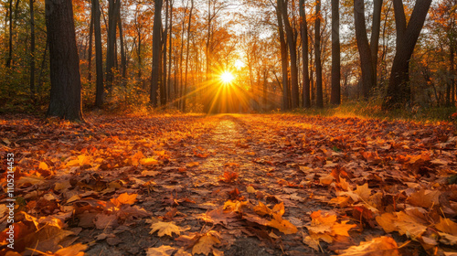 Tranquil forest path covered in fall leaves with sunset light AI generative photo