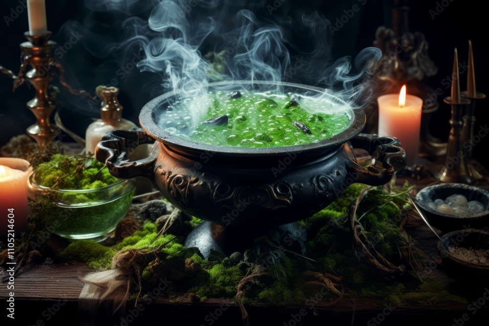 A witch's cauldron bubbling with green potion, surrounded by spell books, candles, and creepy ingredients, in a dark, atmospheric setting A witch's cauldron bubbling with green potion, surrounded by spell books, candles, and creepy ingredients, in a dark, atmospheric setting