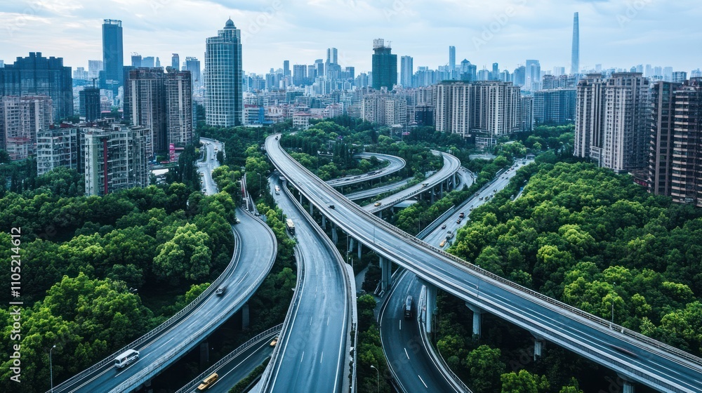 Overpass with a panoramic view of a sprawling modern city, bustling with life Overpass with a panoramic view of a sprawling modern city, bustling with life