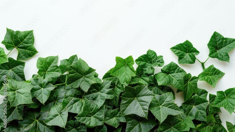 Fototapeta premium Sweet potato foliage against a white backdrop is green.