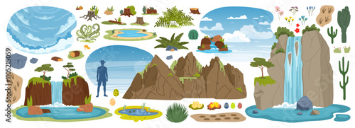 Jurassic dinosaur era environment game asset. Plants and trees, rock and mountain, waterfall, stones and clouds. Ferns, cacti, footprints, dino eggs, ponds and flowers cartoon vector prehistoric set
