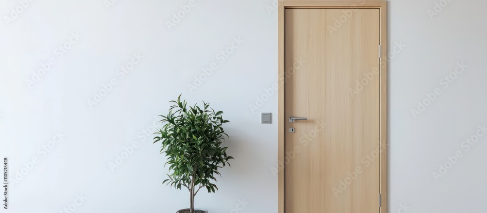 Light wood door with steel handle against white wall, plant adds natural touch.