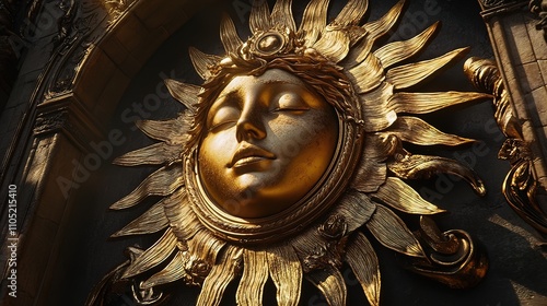 Golden Sun Sculpture with a Female Face