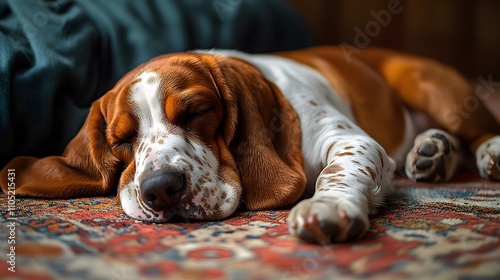 Adorable Basset Hound Peacefully Resting on Patterned Carpet in a Cozy Comfortable Home Environment photo