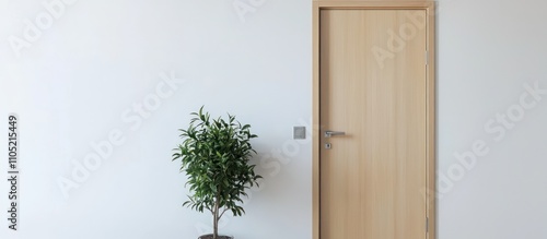 Obraz na płótnie Light wood door with steel handle against white wall, plant adds natural touch. w salonie