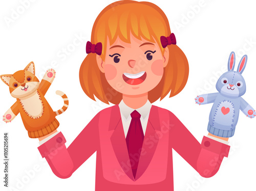 Puppet theater dolls on girl hands. Happy kid