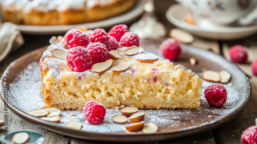 Close-up of almond torte topped with raspberries and sliced almonds AI generative photo