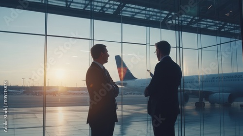 Aviation business professionals in suits having a discussion inside