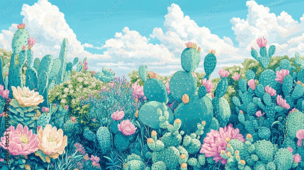 Vibrant Cactus Garden with Colorful Flowers Vibrant Cactus Garden with Colorful Flowers