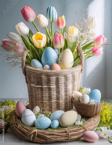 Easter eggs and tulips in a basket on a wooden background