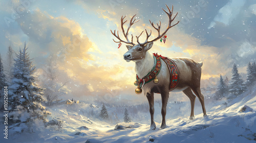 Majestic reindeer with holiday harness and bells, standing in a snowy landscape with soft evening light, symbolizing holiday spirit and wonder.