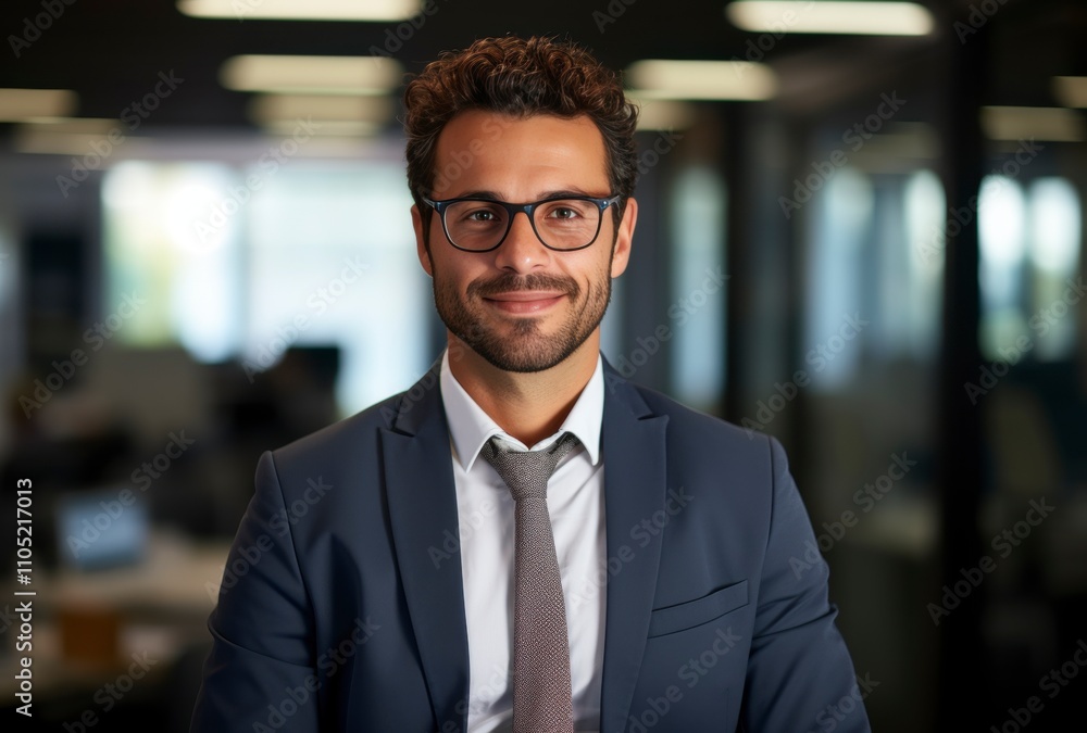 Fototapeta premium A smiling, confident businessman in a dark suit and glasses stands in a modern office setting