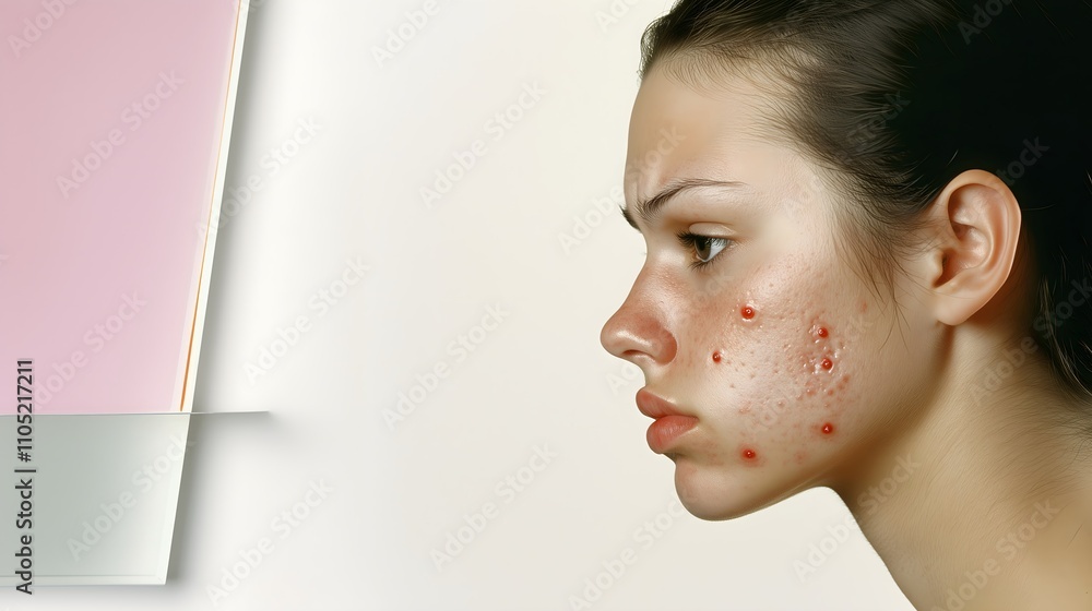 Young woman with acne skin condition on mint background. Horizontal banner for dermatology clinics, skincare brands, medical centers, wellness blog, healthcare marketing, space Young woman with acne skin condition on mint background. Horizontal banner for dermatology clinics, skincare brands, medical centers, wellness blog, healthcare marketing, space