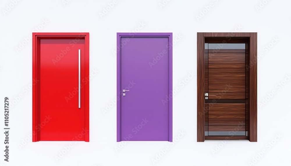 A collection of three modern doors: red, purple, and brown wood with glass.