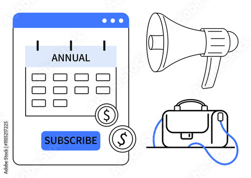 Calendar with Annual, megaphone, money icons, and handbag. Ideal for marketing, business subscription plans, annual membership, financial planning, advertising, promotions, e-commerce Line metaphor