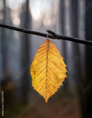 Autumnal yellow birch leaf on a branch in the forest