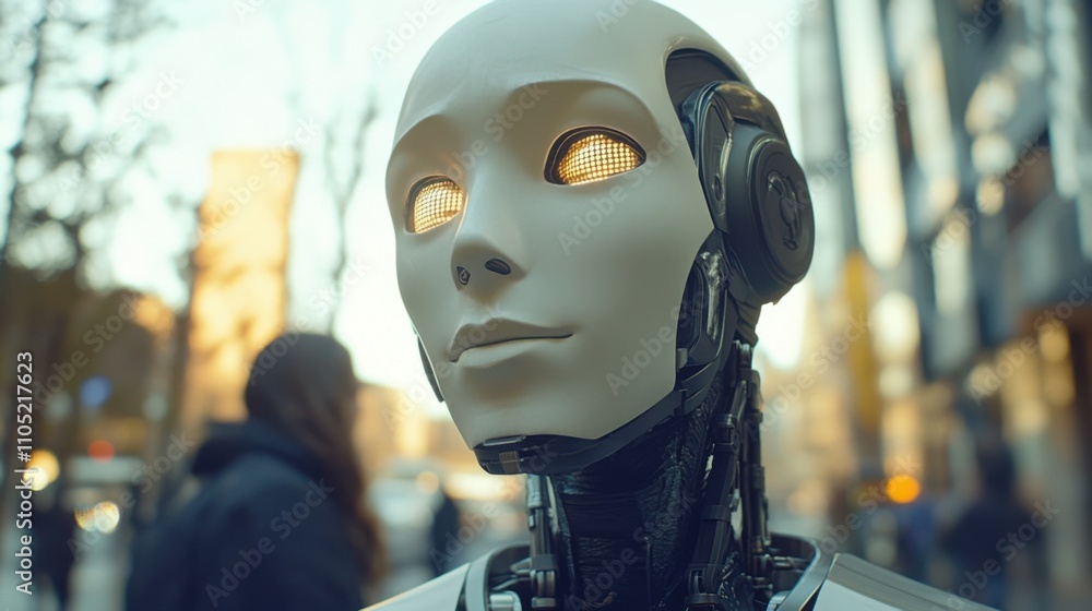 Close-up of humanoid robot with advanced facial expressions, Close-up of humanoid robot with advanced facial expressions,