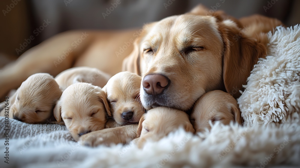 A litter of cute and cuddly Golden Retriever puppies snuggling together in a peaceful cozy setting on a soft fluffy blanket This heartwarming scene captures the loyalty affection A litter of cute and cuddly Golden Retriever puppies snuggling together in a peaceful cozy setting on a soft fluffy blanket This heartwarming scene captures the loyalty affection