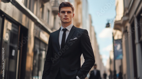 Confident young man in formal business style on city street AI generative photo