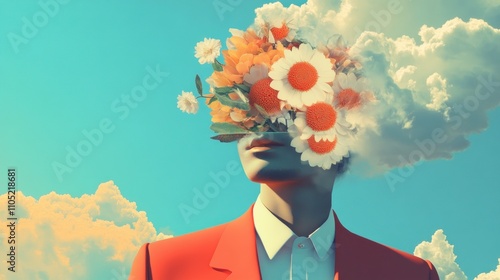 Surreal portrait, woman's face replaced with flowers and clouds against a blue sky.