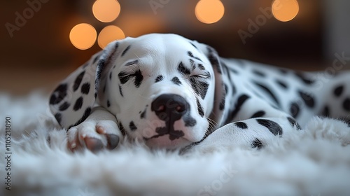 Adorable Dalmatian puppy lying comfortably on a plush carpet surrounded by warm and cozy holiday lights creating a serene and festive atmosphere photo